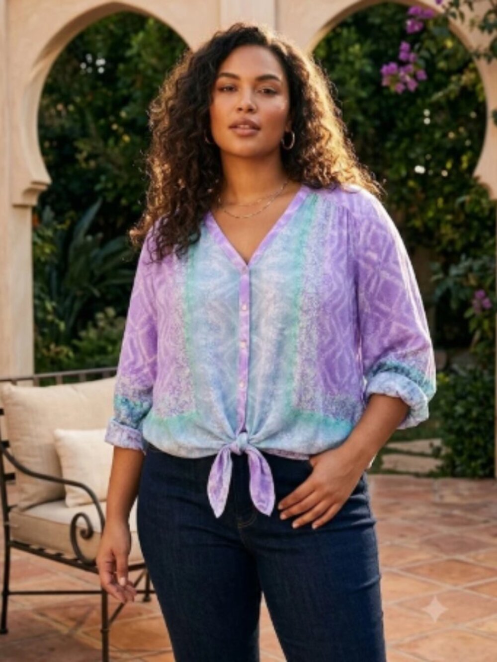 Ruby Rd. Purple & Teal Paisley Tie-Front Blouse